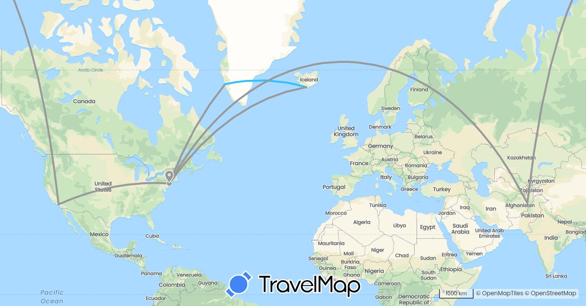 TravelMap itinerary: driving, plane, hiking, boat in Afghanistan, Greenland, Iceland, United States (Asia, Europe, North America)